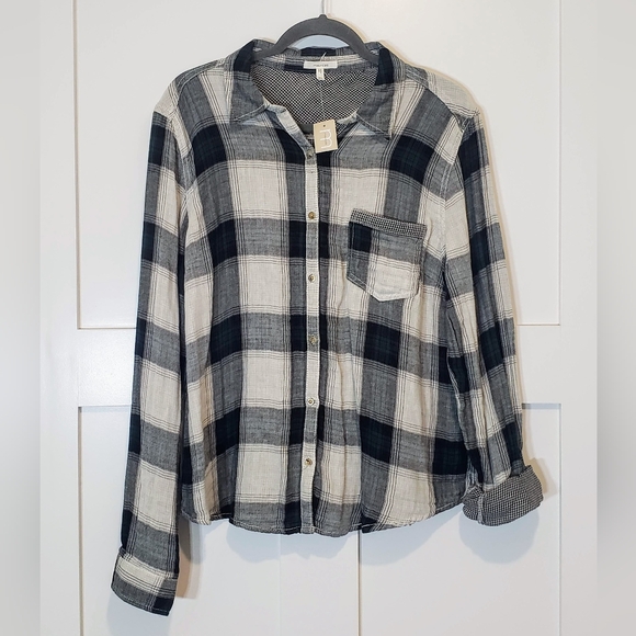 Maurices Tops - Maurices NEW Plaid Button Up Shirt Long Sleeves Size XL Black Cream Gray Cotton